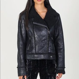 Marrakech Sherpa Coat in Distressed Black Leather